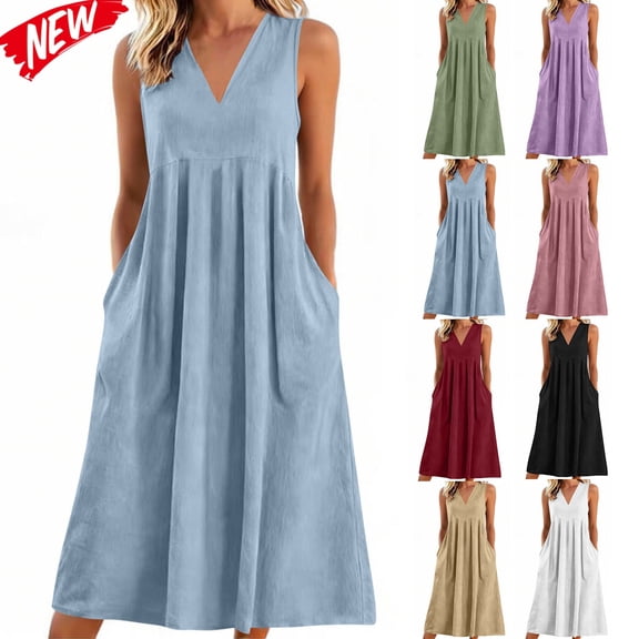 Taqqpue Women Linen Dress Casual Solid Color V Neck Sleeveless Sundress Beach Vacation A Line Dress Flowy Swing Tank Dress with Pockets for Women