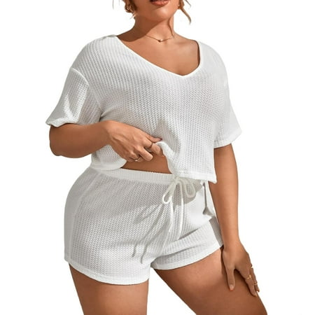 

Solid V neck Short Sets Short Sleeve White Plus Pajama Sets (Women s)