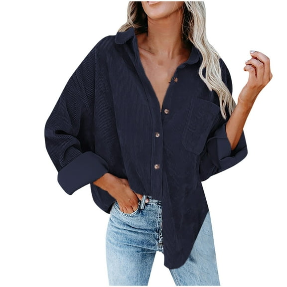 IROINNID Women's Corduroy Jacket Turndown Lapel Solid Color Long Sleeve Comfy Pockets Buttons Tops Outerwear Jacket Coat, Navy
