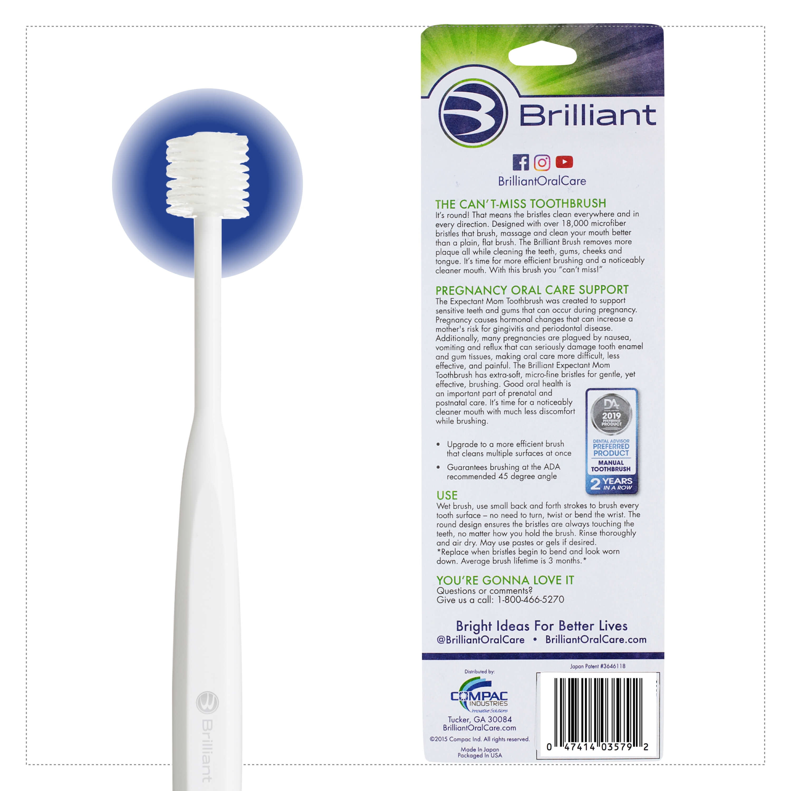 Brilliant Adult Sensitive Round Head Toothbrush with Extra Soft Bristles for Expectant Moms, 3 Count