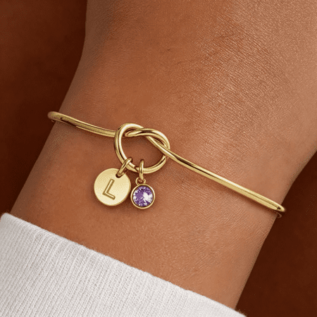 DESIGNICE Birthstone Birthday Gifts for Women,Dainty 14K Gold Plated 12 Months Disc Initial A-Z Birthstone Heart Knot Bangle Bracelet Birthday Bridesmaid Jewelry Gifts for Women