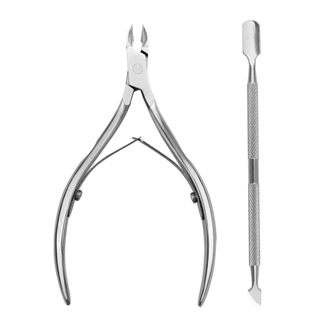 2 unids/set removedor de cutículas de acero inoxidable pinza para cutículas con empujador de cutículas herramientas de manicura para uñas y uñas de los pies