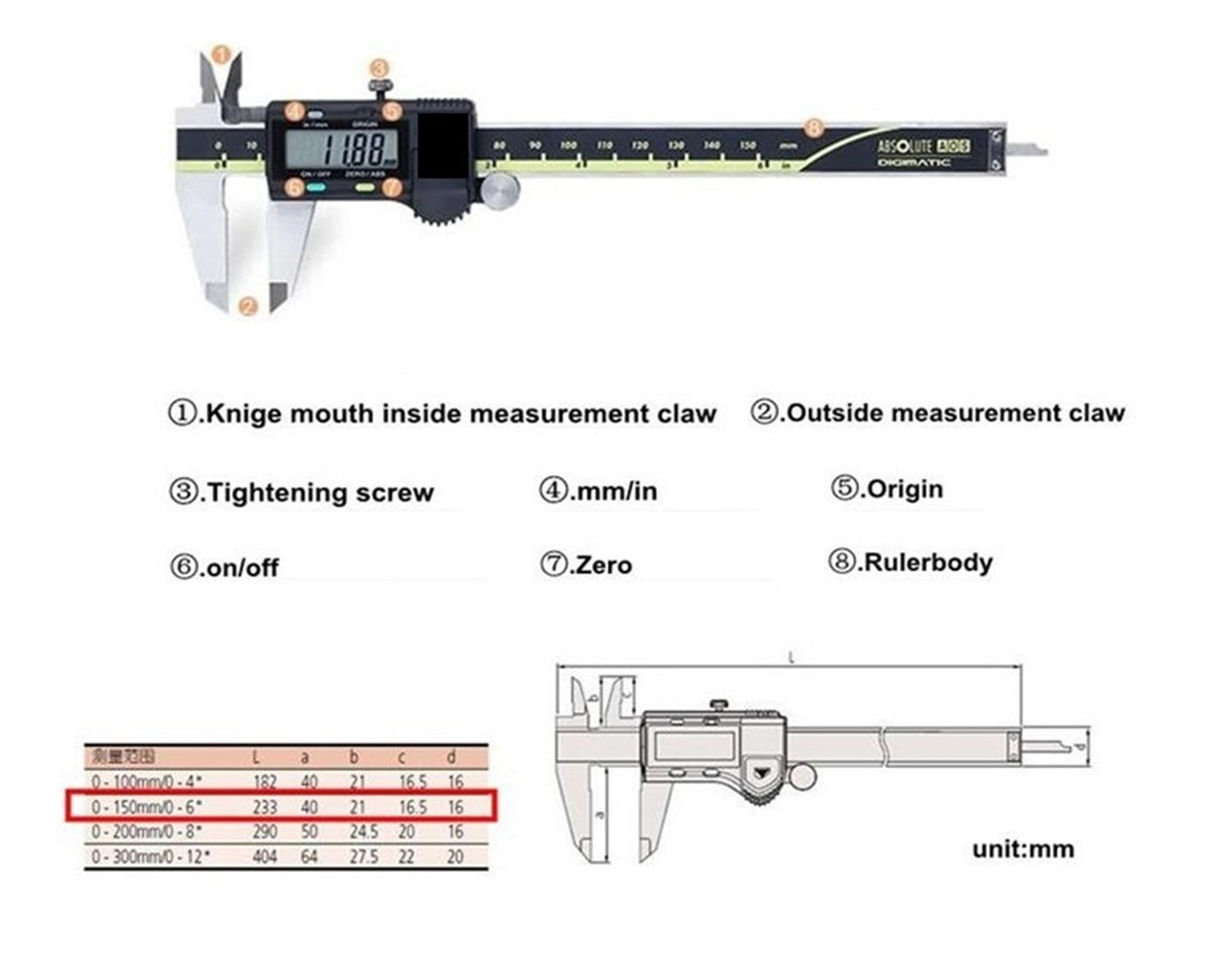 Caliper Absolute 500-197-20 Digital Calipers Stainless Steel Inch/Metric 8" 0-200mm Range -0.001" Accuracy 0.0005&quot ,Easy to Operate