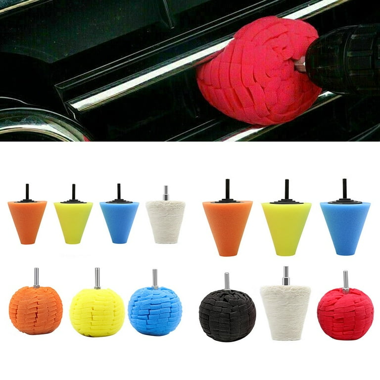 Wevdn 6-Piece Car Wheel Hub Polishing Sponge Pad Kit | Cone & Ball Shapes For Drill Buffing, Waxing & Detailing