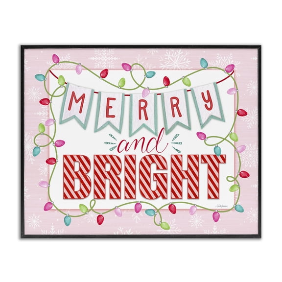 Stupell Industries Pastel Pink Merry & Bright Black Framed Giclee Art design by Nicole Tamarin, 11 x 14