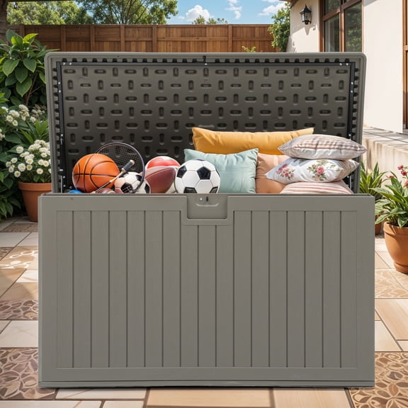 Dextrus 180 Gallon Double Wall Resin Deck Box, Outdoor Storage Box with Divider & Side Handles, Lockable, Waterproof, Light Brown