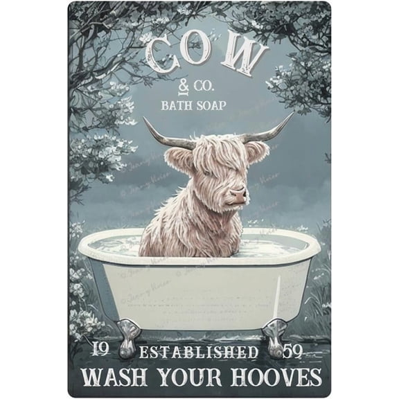 Funny Cow Decor, Wash Your Hooves Metal Tin Sign, Metal Bathtub Bathroom Decoration, Cow Gifts for Cow Lovers, Antique Farm Animal Pictures, Funny Cow Bathroom Decor 12x8 Inch
