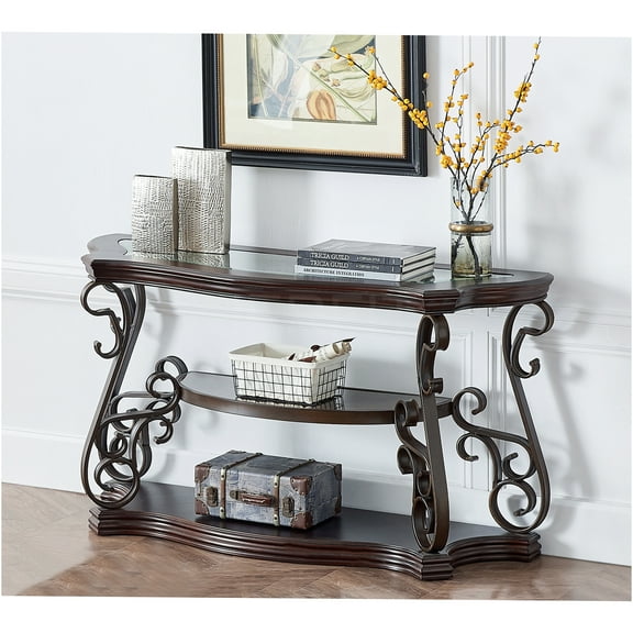 JERFIT Modern Sofa Table with Tempered Glass Top and Marble Print Shelf, Dark Brown Console Table for Living Room, Entryway, Behind Couch (54" L x 20" W x 30" H)
