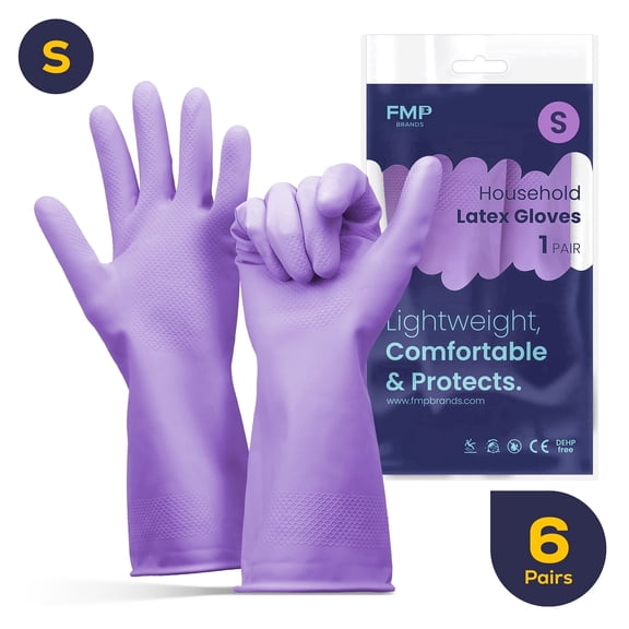 FMP Brands 6 Pairs Purple Small(S) Rubber Gloves for Dishwashing,Reusable、Waterproof、Non-Slip Kitchen Gloves(Small)