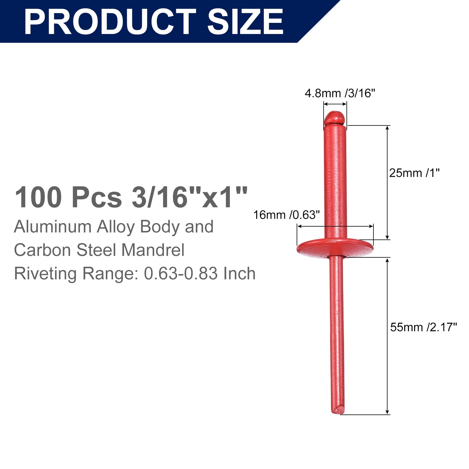 Uxcell 100Pcs 3/16"x1" Aluminum Blind Rivets, Large Flange Rivets Fasteners, Red