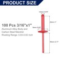 thumbnail image 2 of Uxcell 100Pcs 3/16"x1" Aluminum Blind Rivets, Large Flange Rivets Fasteners, Red, 2 of 7
