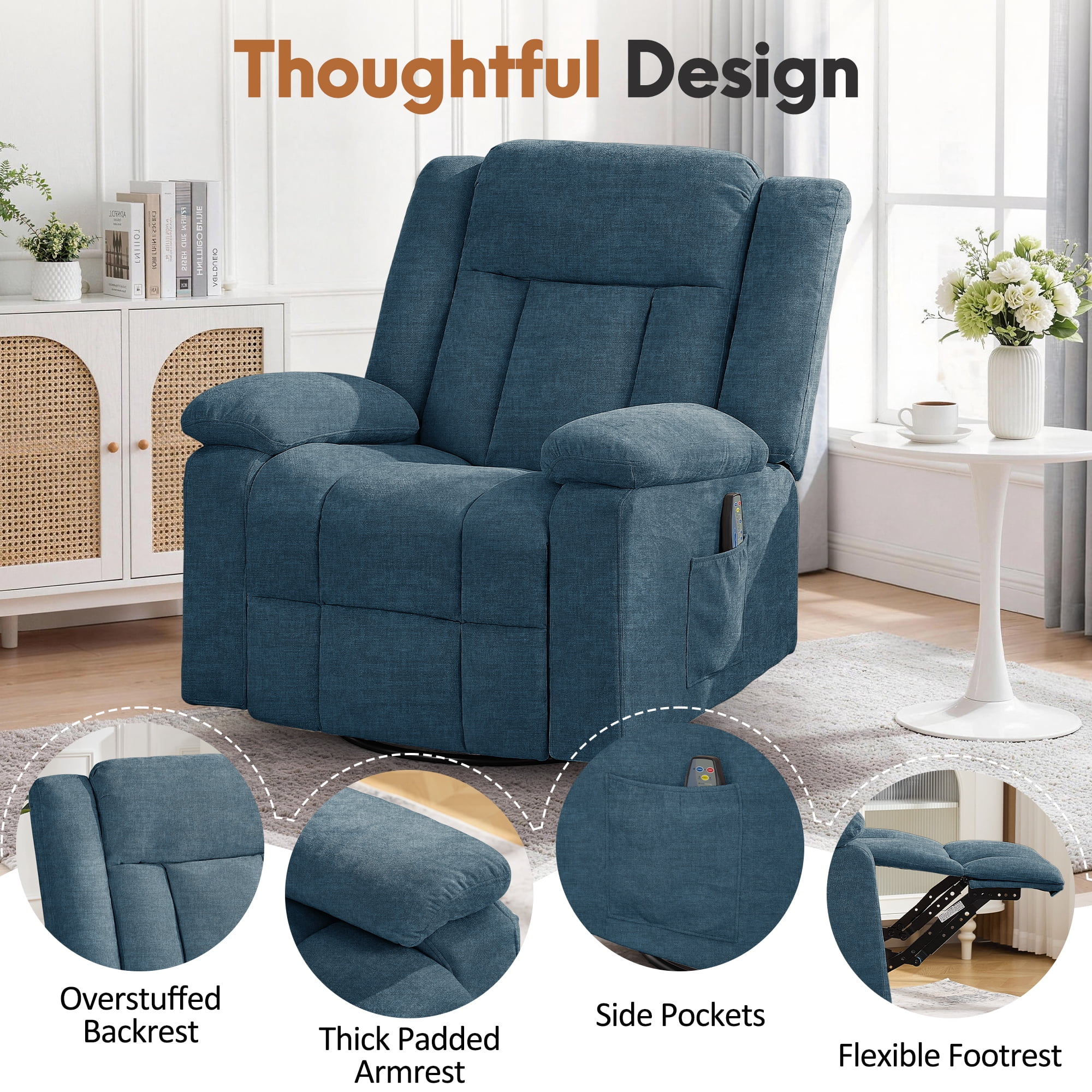 Korser 360°Swivel Rocker Recliner with Massage and Heating,Rocker Recliner Chair for Adults with Side Pockets Nursery Glider Recliner for Living Room,Chenille,Blue