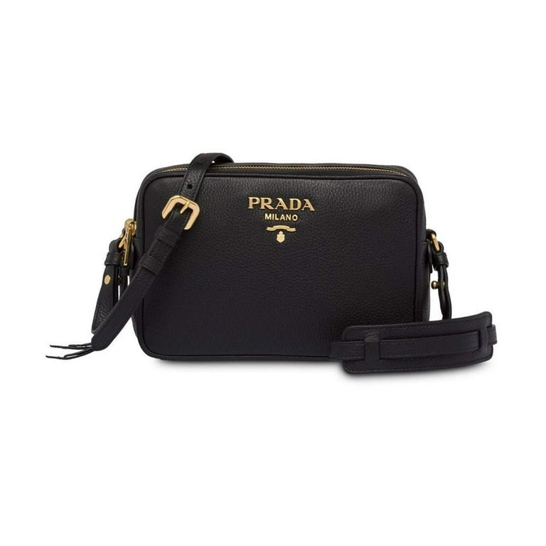 New Prada Black Vitello Phenix Leather Double Zip Cross Body Bag