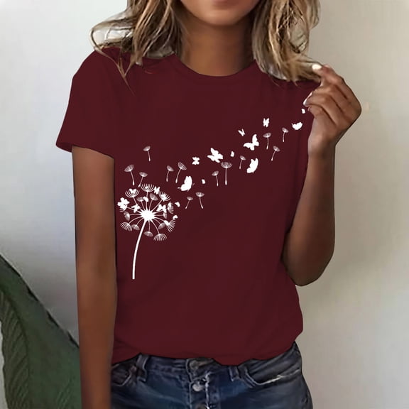 Women's Short Sleeve T-shirt Women'S Spring Round Neck Dandelion Printed Loose Casual Short Sleeved T Shirt,Red Women's Short sleeve T-shirt XXL