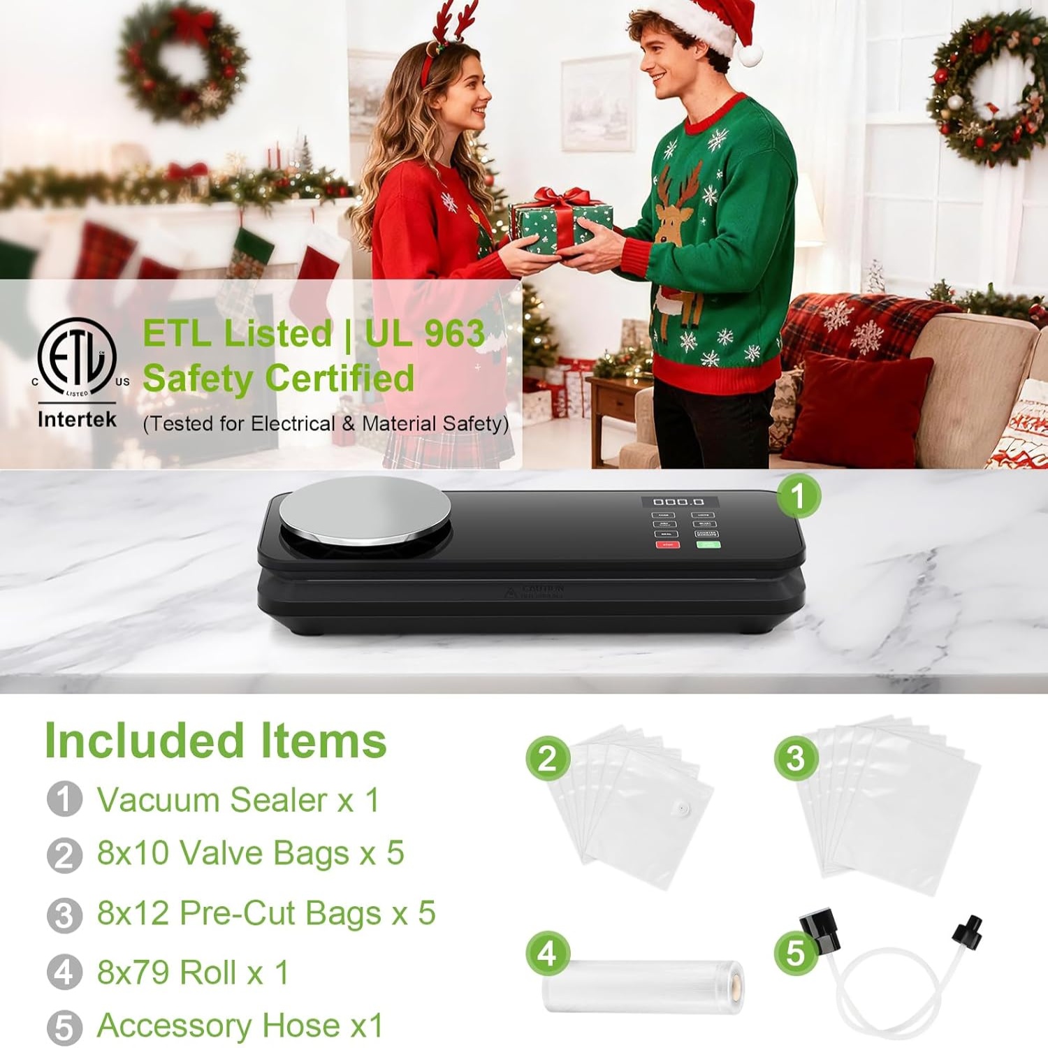 90KPA Food Vacuum Sealer with Kitchen Scale, One-Touch Automatic, Multiple Modes​​, Compact Design with 10 Vacuum Bags & Built-in Cutter