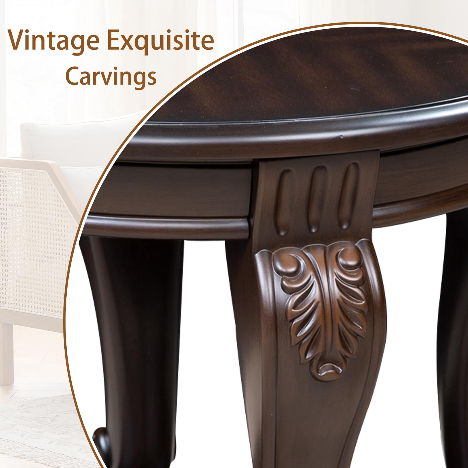 3-Piece Vintage Oval Coffee Table Set - Espresso Wood Table with Carved Legs for Living Room & Office