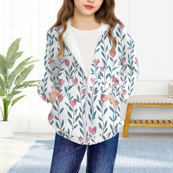 AUNVITO 4-12Y Boys Girls Hooded Sweatshirt Jacket Winter Warmth Full-Zipper Loose Fit Casual Sportswear Print Design Fleece-Lined Comfortable Outdoor Play