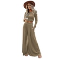 thumbnail image 5 of Women Casual 2PCS Outfits Sets Solid Color High Elastic Shaping Long Sleeve Wide Leg Pants Trousers Set, 5 of 9