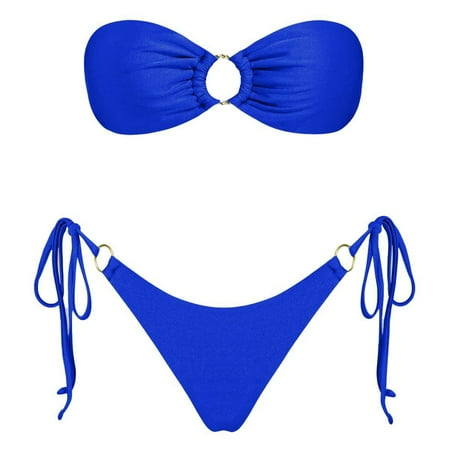 JIANJIA Womens Swimsuits Solid Color Strapless Brassiere With Thongs Lace Up Sexy Fashion Split Swimsuit Two Piece Bikinis Swimwears Holiday Wear Blue M