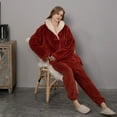 thumbnail image 5 of Flannel Women Pajamas Set Autumn Winter Warm Thick Velvet Long Sleeve Lapel Pullover Top and Pants Fleece Sleepwear, 5 of 9