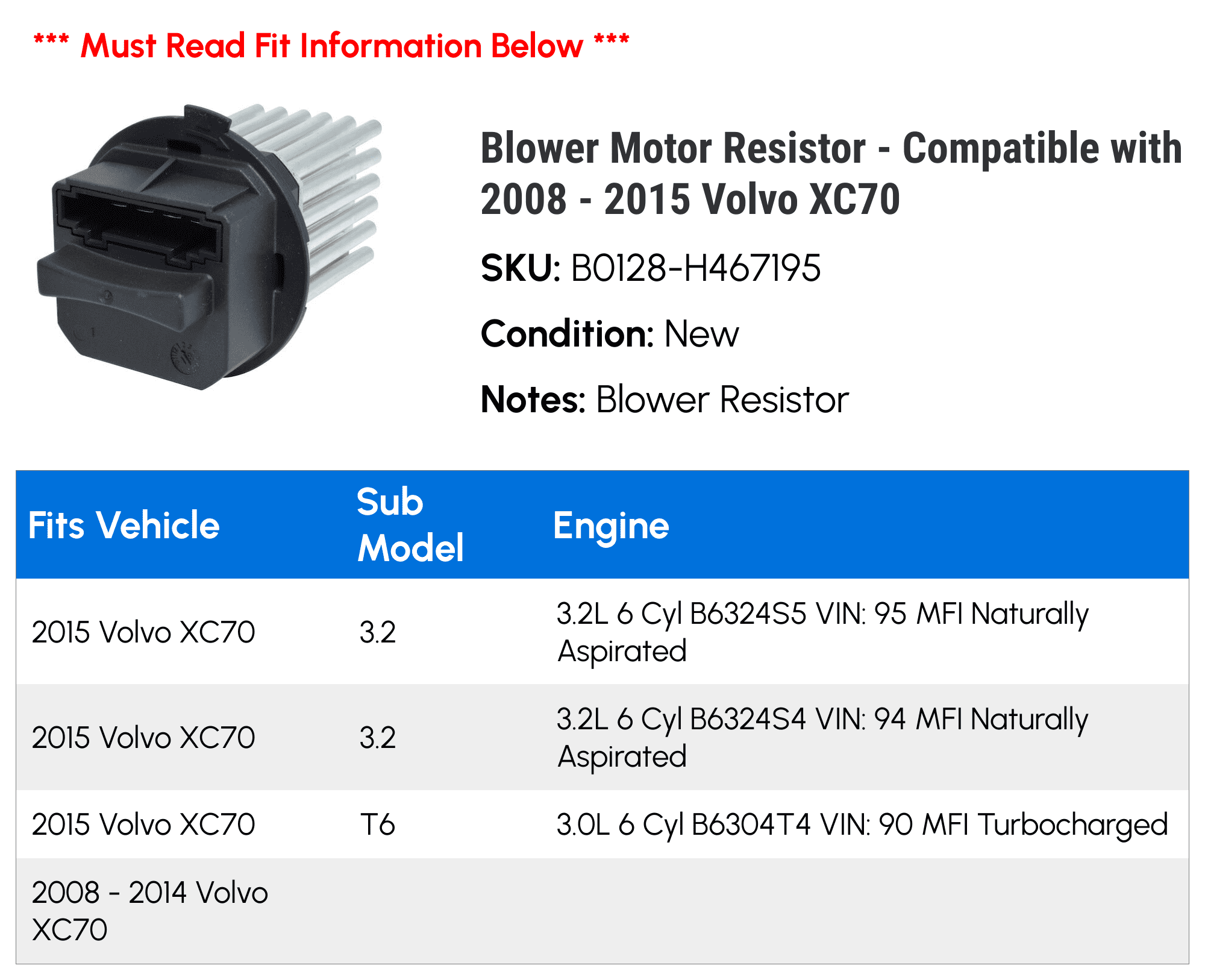 Blower Motor Resistor - Compatible with 2008 - 2015 Volvo XC70 2009 2010 2011 2012 2013 2014