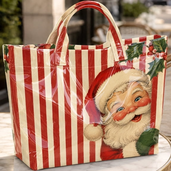 Vintage Santa Christmas Tote Bag, Retro Red White Striped Holly Pattern Waterproof Handbag, Large Capacity Reusable Holiday Shopping Bag for Gift‑Carrying, Party & Daily Use