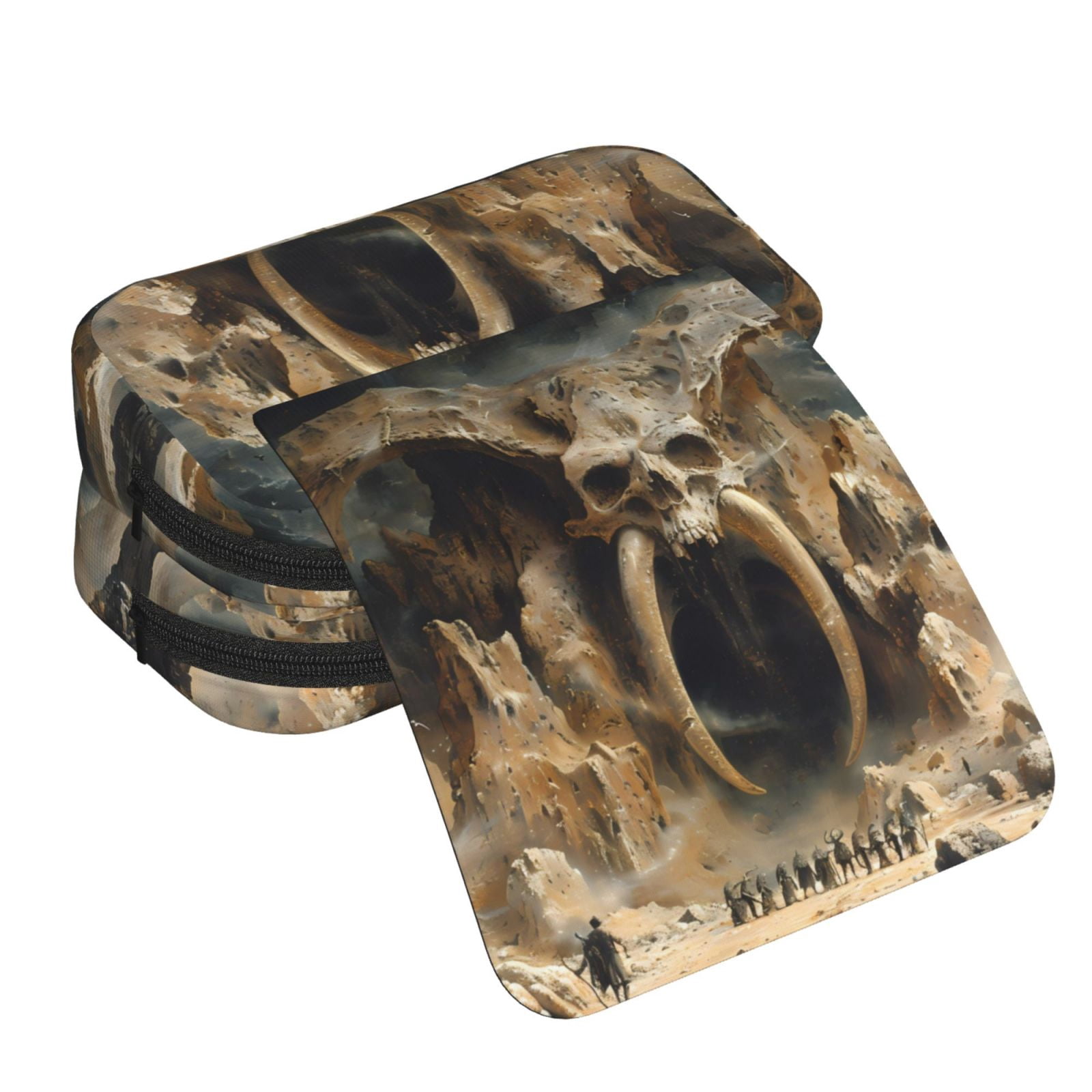 Rateoe Ancient Skull Cave Landscape Pattern Double Clamshell Pen Case, Storage Organizer with Two Zipper Compartments– Holds Up to 50 Pencils & Pens