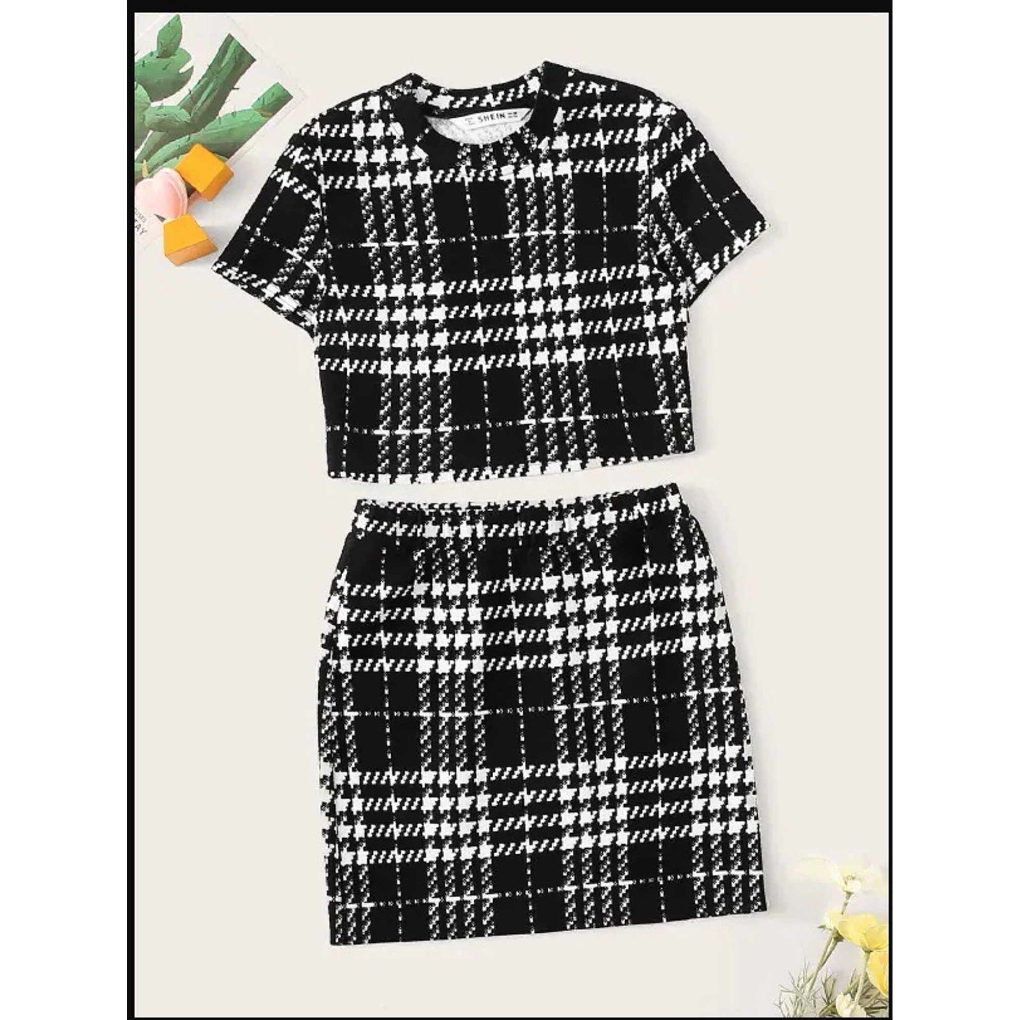 Summer Girls Two-Piece Set Black and White Plaid Tops and Skirt