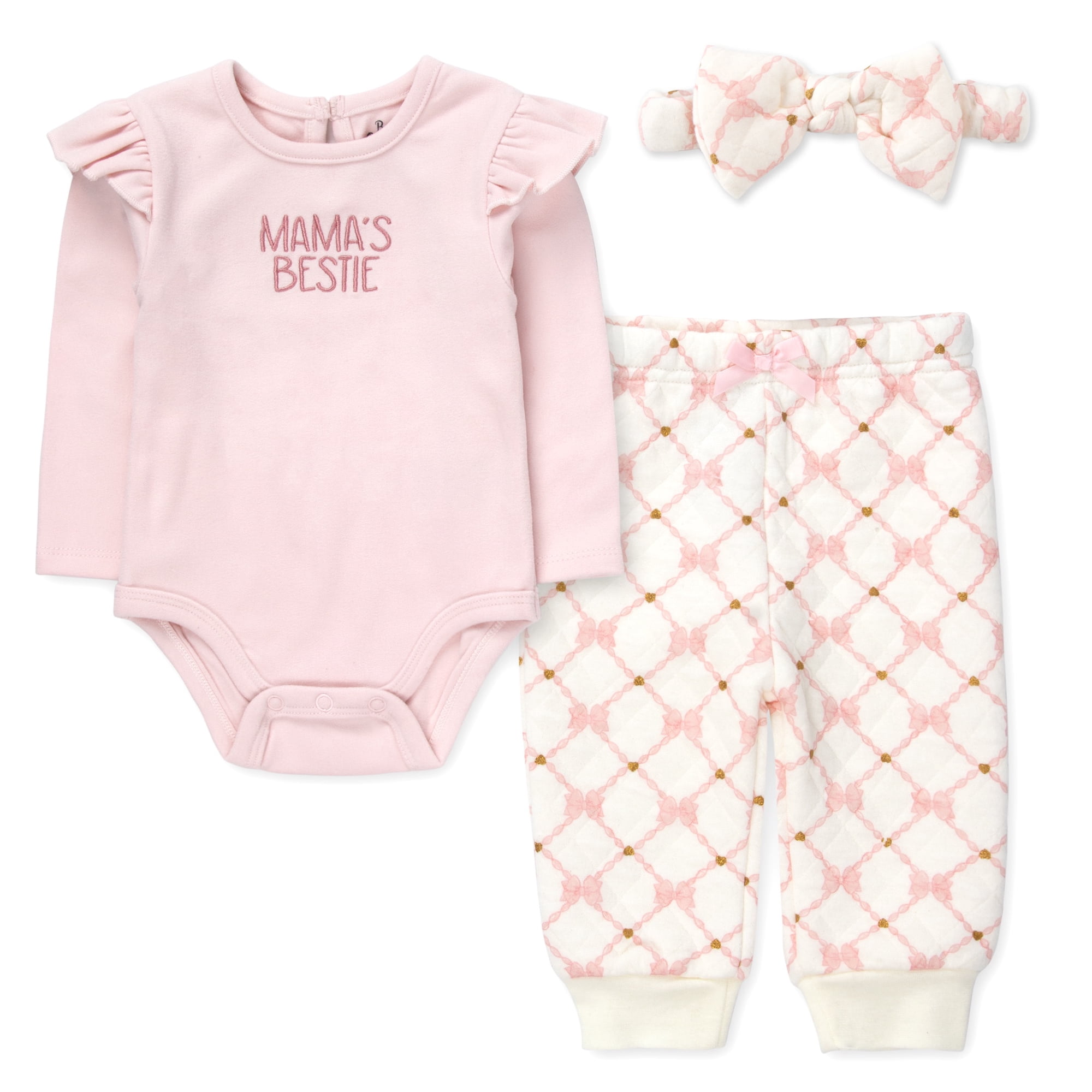 Baby Essentials Infant Girl 3 Piece Layette Set with Bodysuit  Quilted Jogger Pants & Headband – Cozy Fall & Winter Outfit (Pink Mama’s Bestie  9 months)