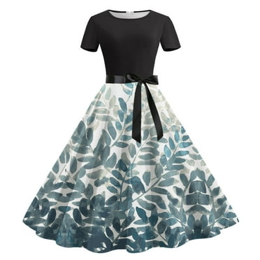 AOOCHASLIY Miss Dress Fall Clearance Women Summer Casual Short Sleeve Round-Neck Belted Irregular Leaf Printed Dress