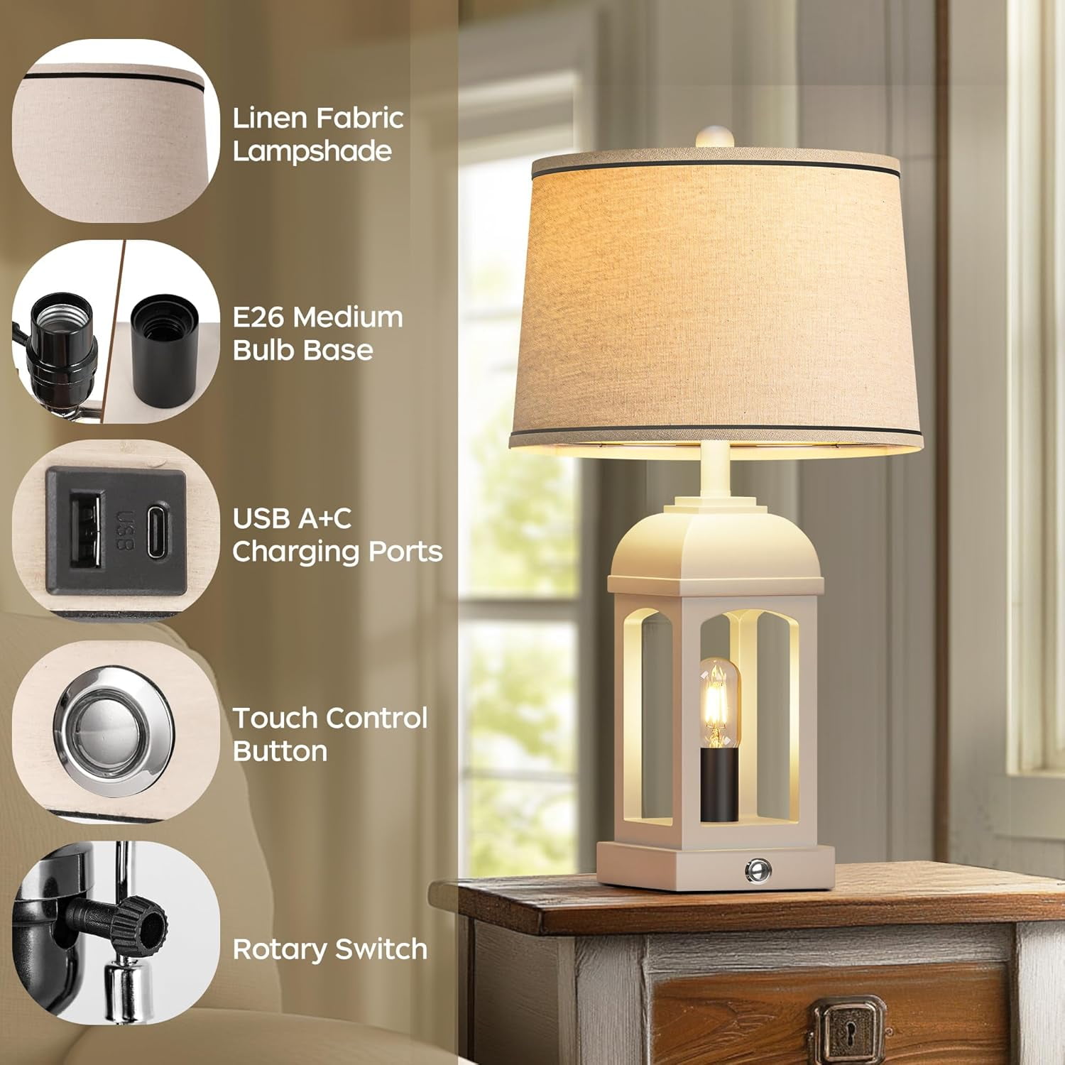 Holaki Table Lamp for Living Room, Farmhouse Lamps Set of 2 with USB A+C and Nightlight, 26" Rustic Bedside Lamps with 3-Way Dimmable, Touch Nightstand Lamp for Bedroom, White