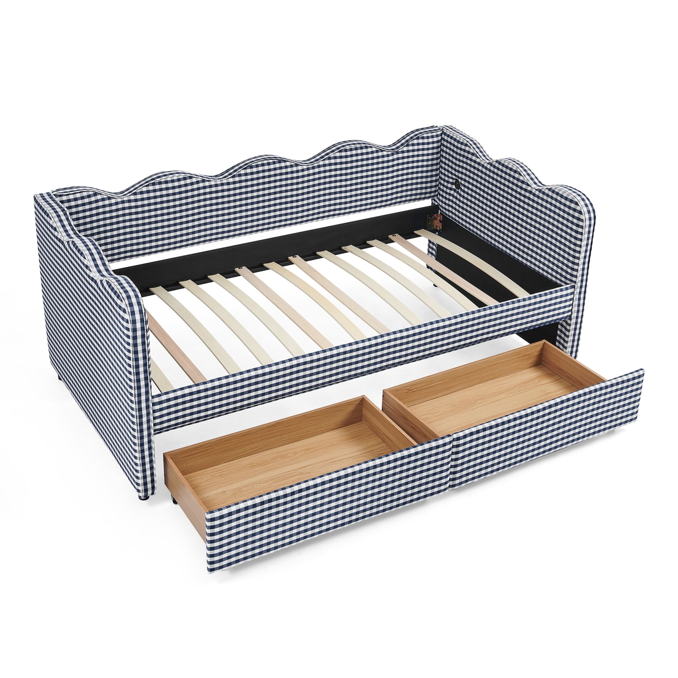 Noble House Corlan Twin Size Waved Daybed, Cozy Gingham Linen Sofa Bed with Storage Drawers and Charging Port, Navy Blue