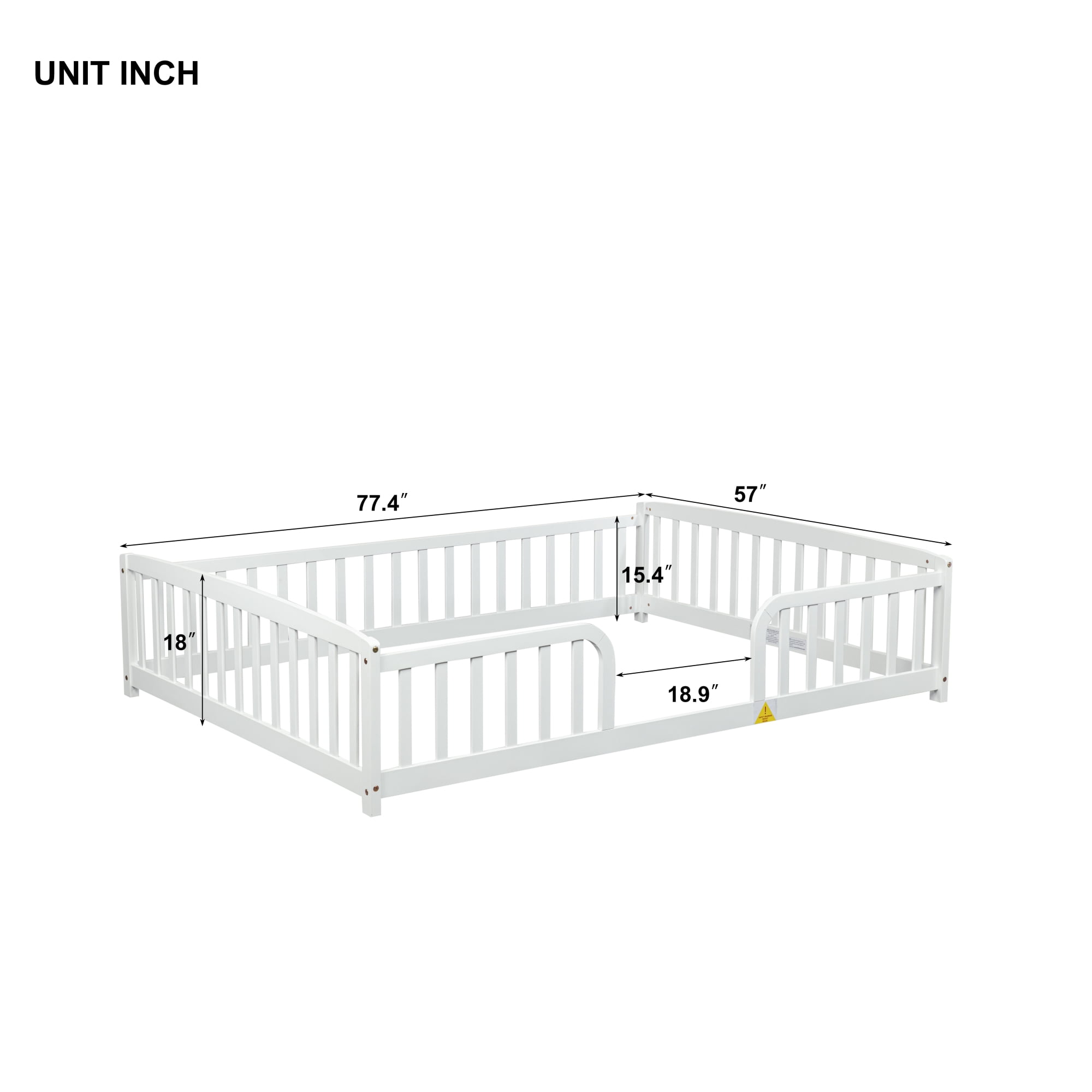 Jopath Full Size Floor Fence Bed with Central Entrance,Pine Wood Floor bed with Guardrails for Boys Girls White