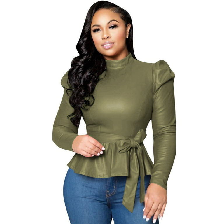 Western Tops for Ladies PU Faux High Neck Leather Peplum Bow Tie Pullover Trendy Plus Size Tops Womens Fall Fashion Solid Color Sweatshirts Loose