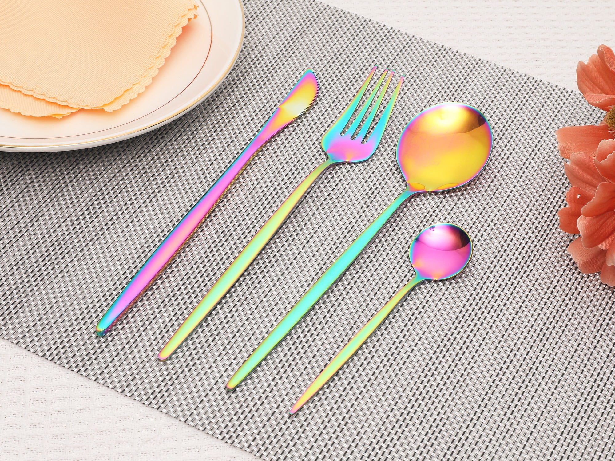 Unique Bargains 24 Pieces Silverware Set Stainless Steel Flatware Colorful