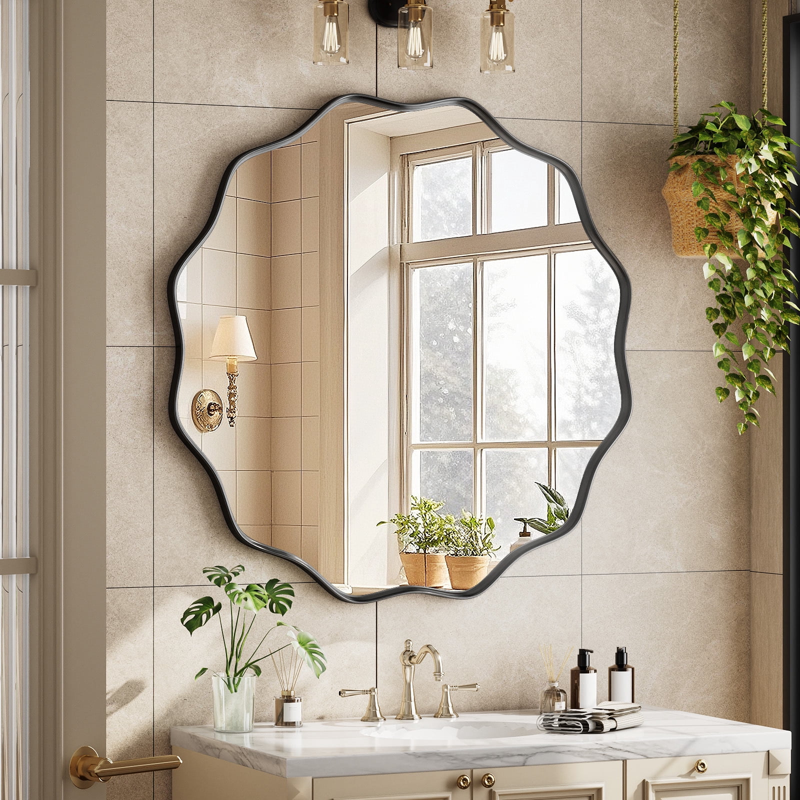 Easy4Home 36" Wavy Round Bathroom Mirror Wall Mounted Decorative Mirror With Deep Frame, Black