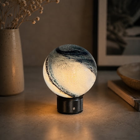 Hand-Blown Art Glass Globe Cordless Table Lamp, Rechargeable Bedside Lamp with Unique Pattern Shade, Flicker-Free LED, 3-Level Dimmable Lighting