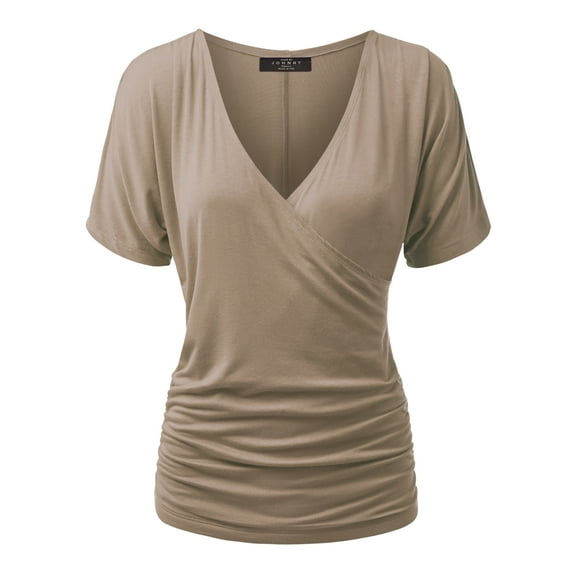Made by Johnny Women's V Neck Short Sleeve Wrap Front Drape Dolman Top XXXL TAUPE