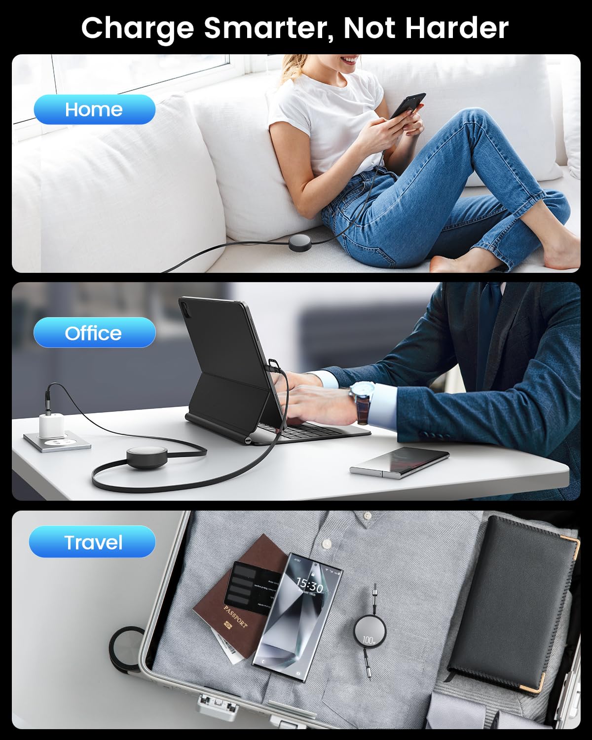 NEOYFC  for   4-in-1 100W Retractable USB C Charging Cable with USB C/A to L/Type C 5A Fast Charging, Multi Charger Cord for Multiple Devices, Phone 17/16/15/14, Galaxy S24/S23, MBook, Pad (3.6ft)