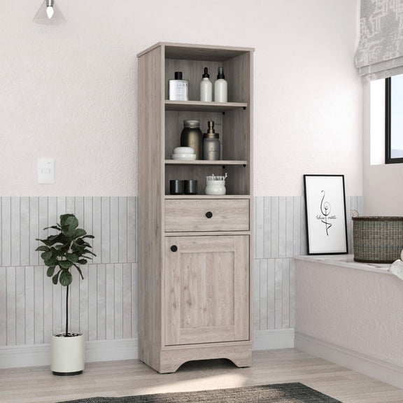 56.72 In. Tall Linen Cabinet, Single Door, Gray, 3 External Shelves, 1 Drawer, 2 Interior Made Of Particle Board Door High,