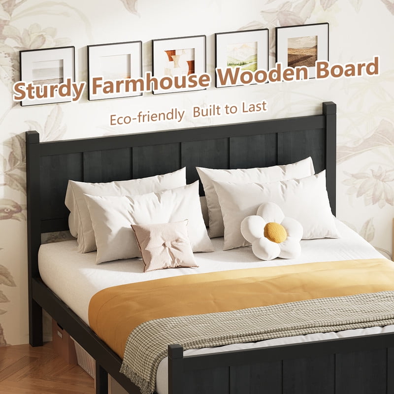 Full Size Farmhouse Platform Bed with Flat Panel Designed Headboard & Footboard, Minimalist Wood Bed Frame with Under-Bed Storage