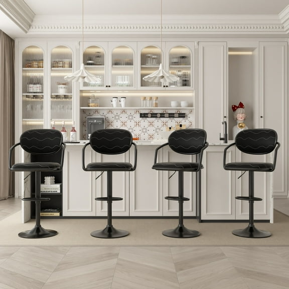 VECELO Bar Stools Set of 4, Modern PU Leather Swivel Adjustable Barstool, Counter Height Stools with Arms and Back, Black