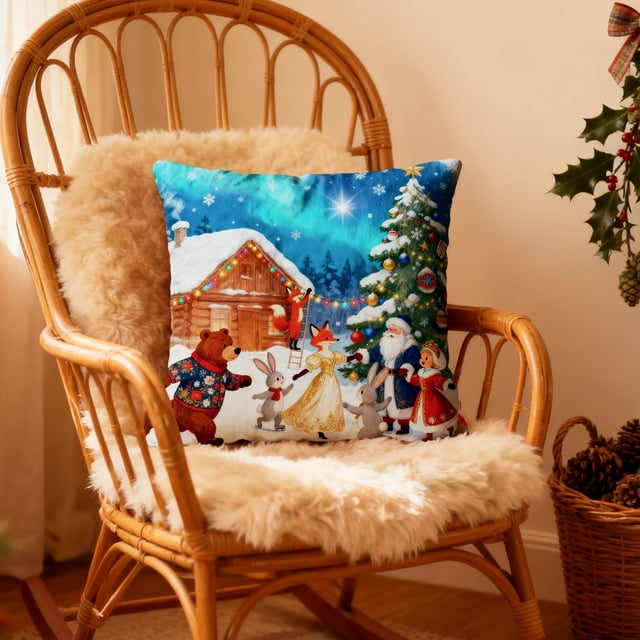Festive Christmas Decorative Linen Pillows Cover With Graphic Print Cute Animals 18x18 Inches