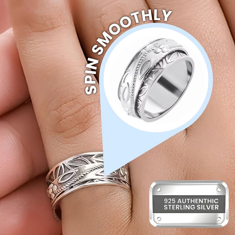 Shop LC Sterling Silver Floral Engraved Spinner Ring – Boho Oxidized Anxiety Relief Fidget Jewelry For Women, Stress Relieving Gift 1 thumbnail image