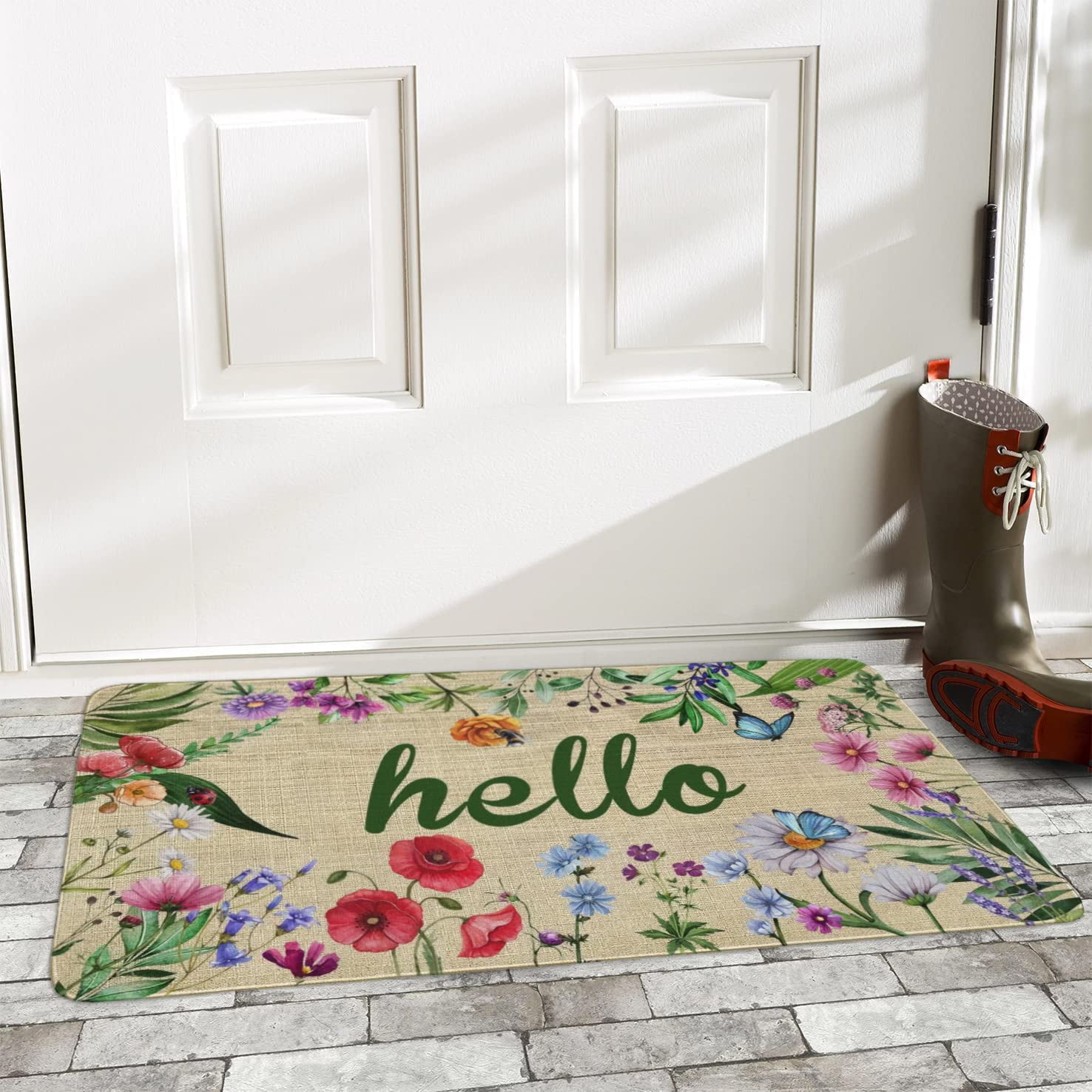 Painted Coir Doormat Hello Flowers 30x17 Porch Mat Front Door Mat 