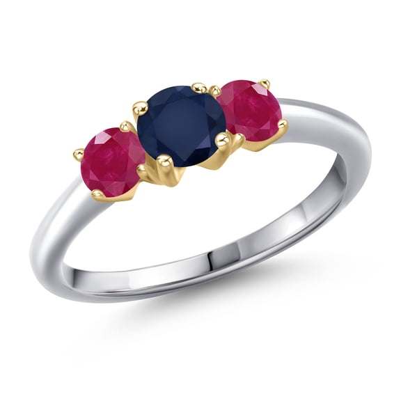 Gem Stone King 10K Two Tone Gold Blue Sapphire and Red Ruby Engagement Ring for Women | 1.30 Cttw | Round 5MM | Gemstone September Birthstone | Size 9