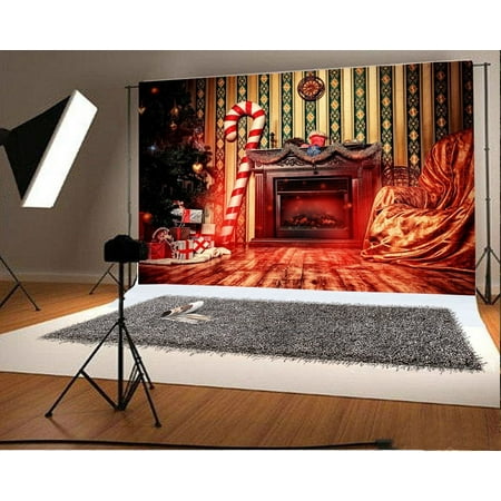 Huge Christmas Gift HelloDecor Polyester 7x5ft Backdrop Christmas Home Decoration Interior Photography Background Xmas Tree Gifts Fireplace Burning Woods Huge Candy Cane Chic Wall ()