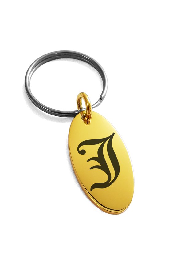Stainless Steel Letter J Initial Old English Monogram Engraved Small Oval Charm Keychain Keyring