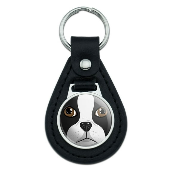 Boston Terrier Face Pet Dog Black Leather Keychain