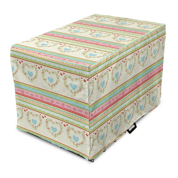 Shabby Flora Dog Crate Cover, Country Style Roses and Borders Butterflies Ants Heart Shapes and Polka Dots, Easy to Use Pet Kennel Cover for Dogs, 35" x 23" x 27", Multicolor, by Ambesonne
